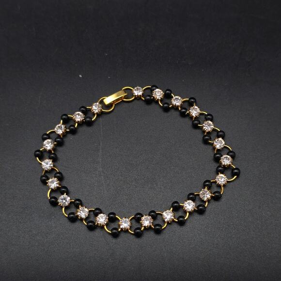 Rhinestone Black Beaded Bracelet Gold Tone Links Petite Dainty - Picture 6 of 8